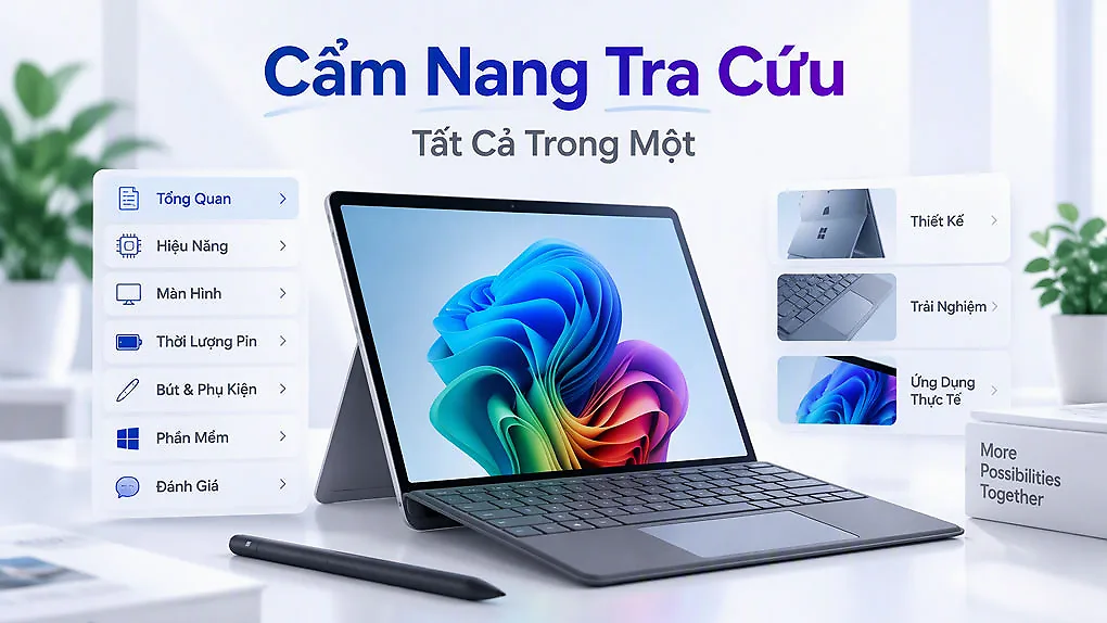Cẩm nang tra cứu Surface Pro 11 tổng hợp các nội dung về hiệu năng, màn hình, pin, phụ kiện và đánh giá thực tế