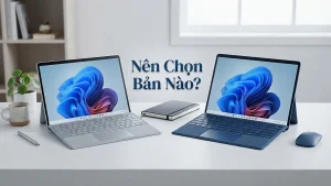 So sánh hai phiên bản Surface Pro 11 chip Intel và Snapdragon đặt trên bàn làm việc