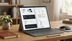 Màn hình Surface Pro 11 hiển thị tài liệu dài thể hiện không gian dọc và độ sắc nét trên bàn gỗ